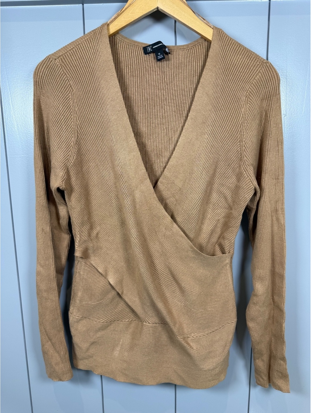 INC XL Tan Ribbed Wrap Sweater Office Siren Minimalist Neutral Aesthetic